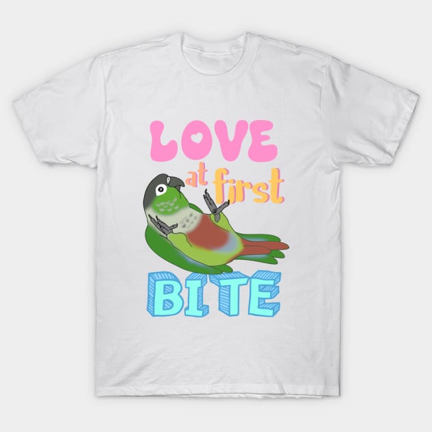 Love at first bite Green Cheeked Conure Funny Birb merch Parrot Kawaii T-Shirt by FandomizedRose